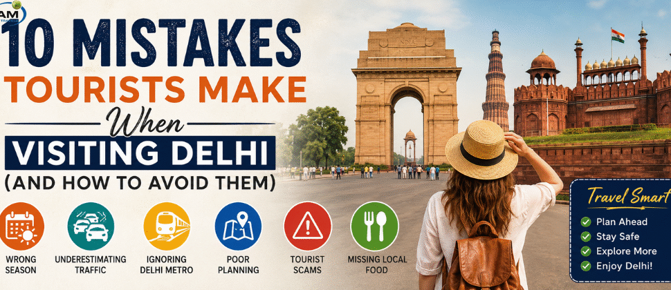 10 mistakes tourists make when visiting Delhi travel guide banner featuring India Gate, Red Fort, and Qutub Minar.