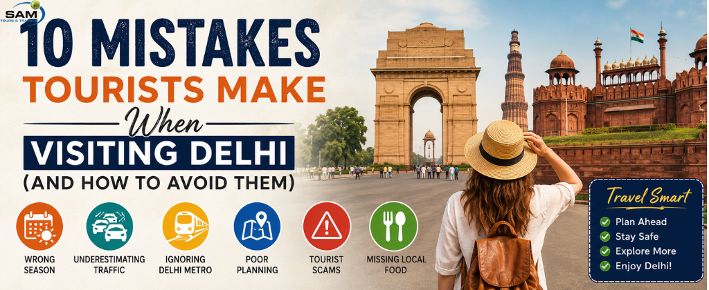 10 mistakes tourists make when visiting Delhi travel guide banner featuring India Gate, Red Fort, and Qutub Minar.