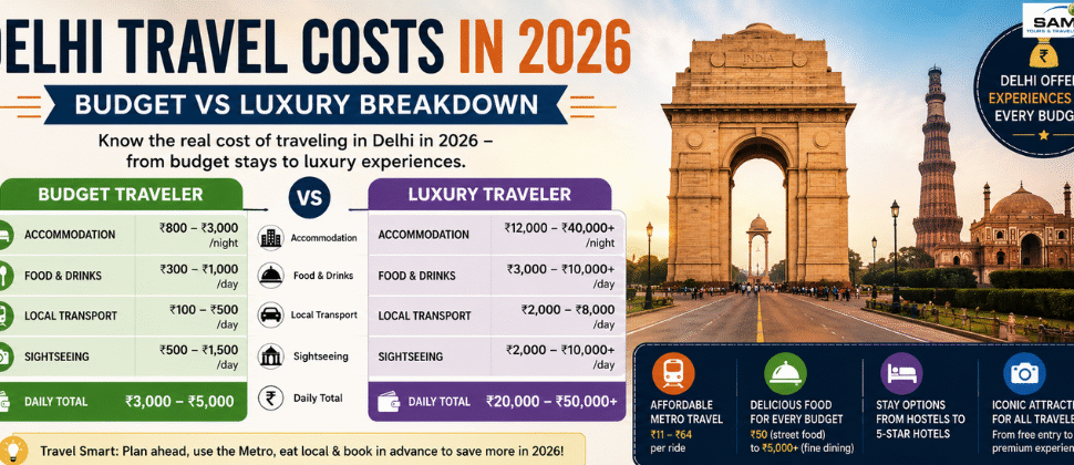 Delhi Travel Costs in 2026 budget vs luxury travel cost comparison infographic.