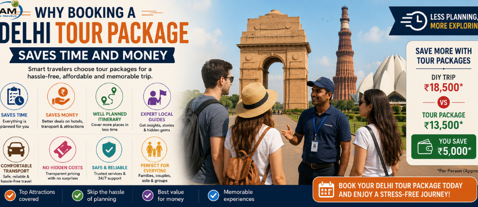 Tourists exploring Delhi landmarks with a professional guide, highlighting how booking a Delhi tour package saves time, money.
