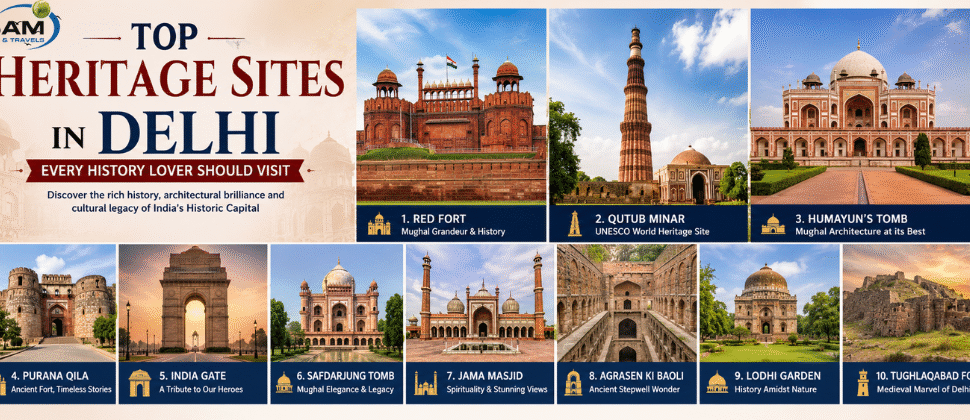 "Top historical places to visit in Delhi featuring Red Fort, Jama Masjid, Purana Qila, and Tughlaqabad Fort."