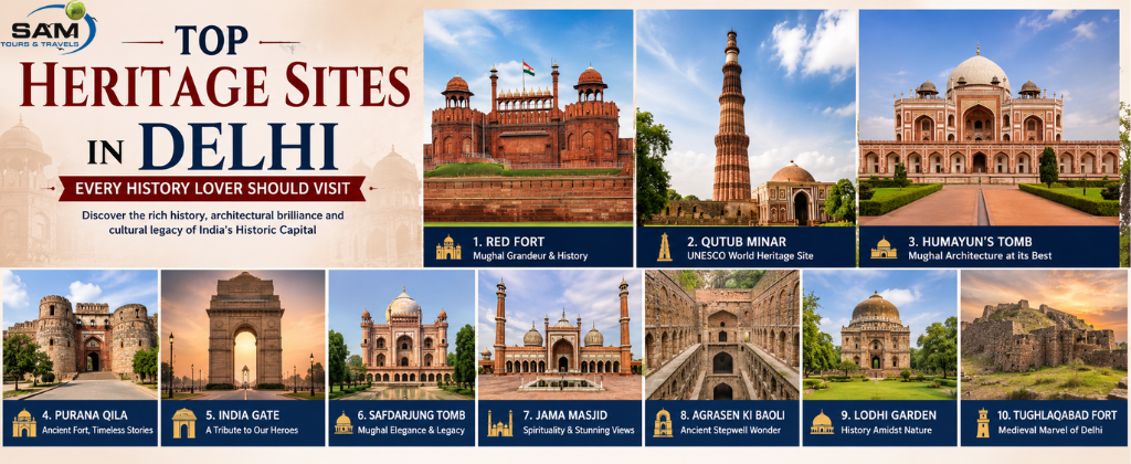 "Top historical places to visit in Delhi featuring Red Fort, Jama Masjid, Purana Qila, and Tughlaqabad Fort."