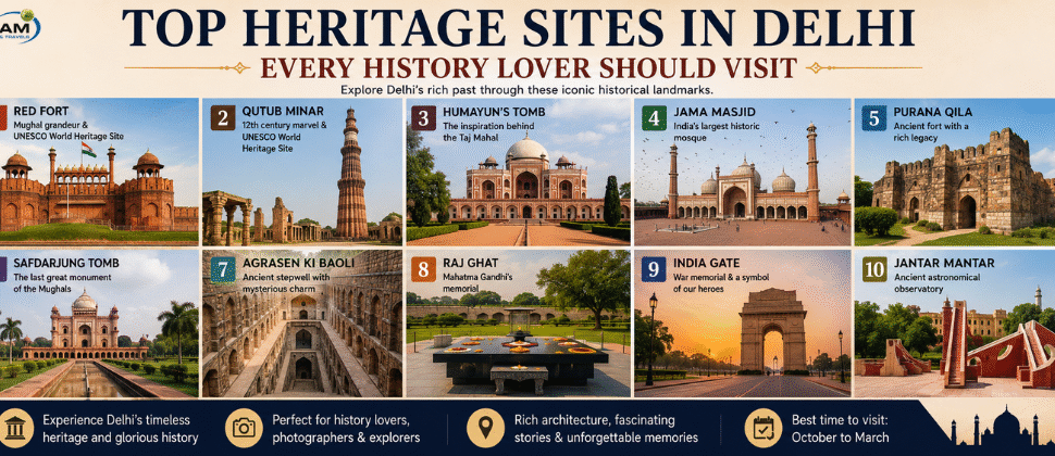 Historic landmarks in Delhi including Red Fort, Qutub Minar, Humayun's Tomb, and Jama Masjid showcasing the city's rich architectural and cultural heritage.