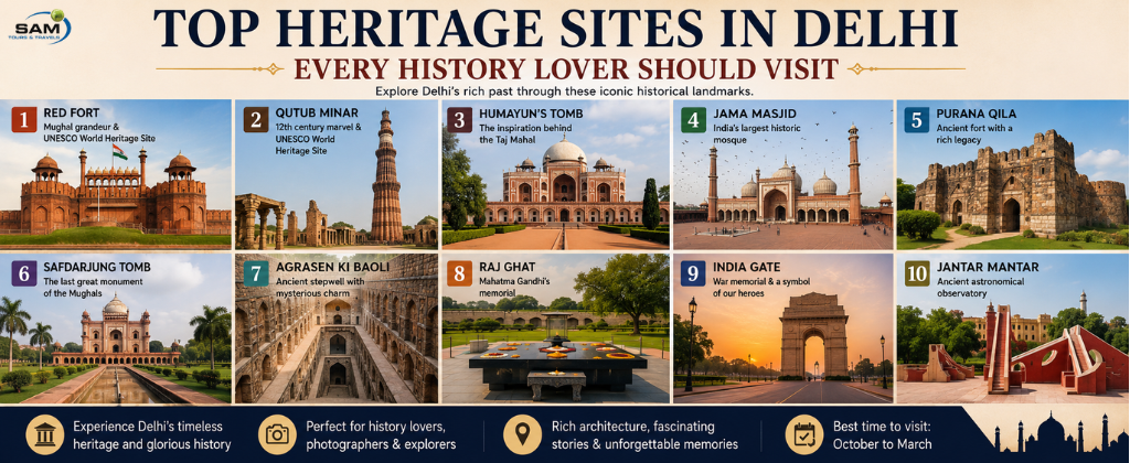 Historic landmarks in Delhi including Red Fort, Qutub Minar, Humayun's Tomb, and Jama Masjid showcasing the city's rich architectural and cultural heritage.