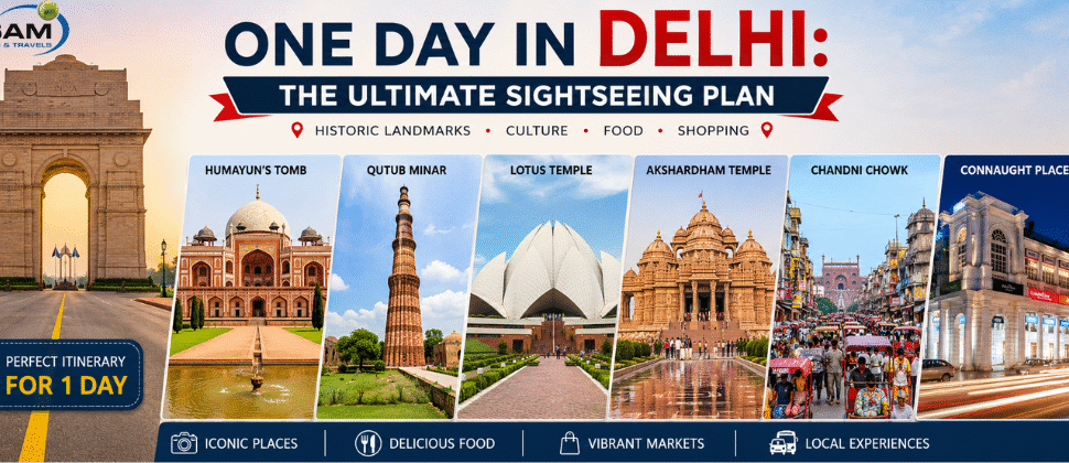 One Day in Delhi sightseeing tour featuring India Gate, Qutub Minar, Lotus Temple, Chandni Chowk, and other iconic Delhi attractions.