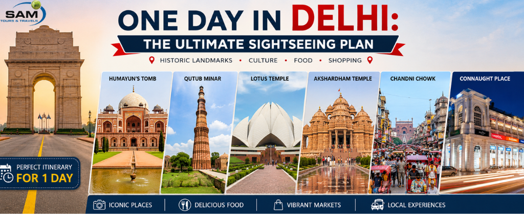 One Day in Delhi sightseeing tour featuring India Gate, Qutub Minar, Lotus Temple, Chandni Chowk, and other iconic Delhi attractions.