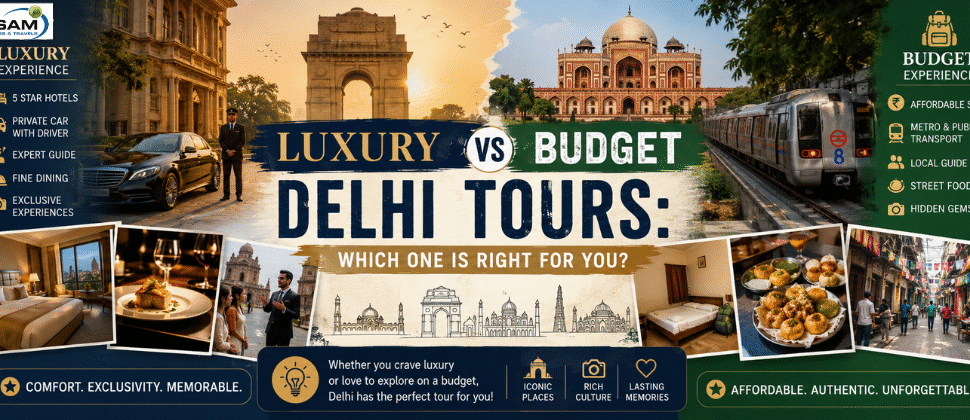 Luxury and budget Delhi tour comparison featuring iconic attractions, premium travel experiences, comfortable transportation, and affordable sightseeing options in Delhi.