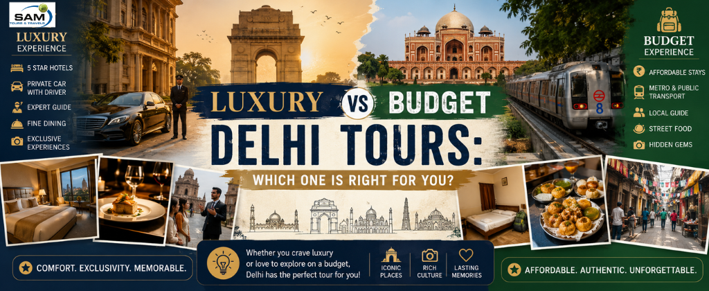 Luxury and budget Delhi tour comparison featuring iconic attractions, premium travel experiences, comfortable transportation, and affordable sightseeing options in Delhi.