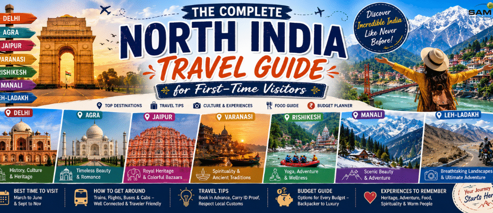North India travel guide banner featuring the Taj Mahal, India Gate, Jaipur forts, Himalayan mountains, Varanasi ghats, and cultural landmarks for first-time visitors.