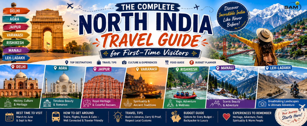 North India travel guide banner featuring the Taj Mahal, India Gate, Jaipur forts, Himalayan mountains, Varanasi ghats, and cultural landmarks for first-time visitors.