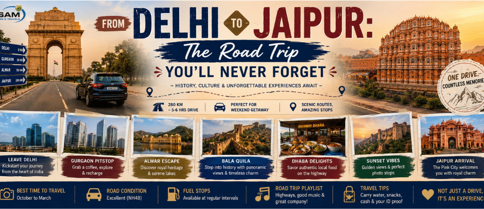 Delhi to Jaipur road trip with scenic views and Jaipur landmarks.