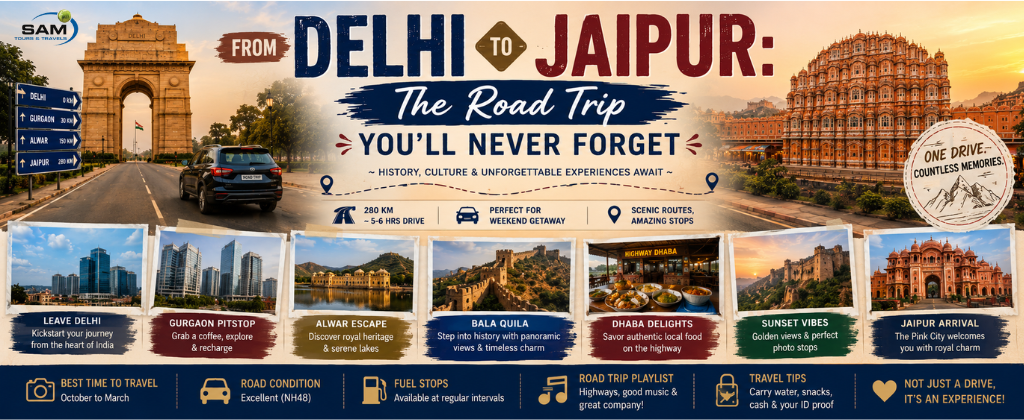 Delhi to Jaipur road trip with scenic views and Jaipur landmarks.
