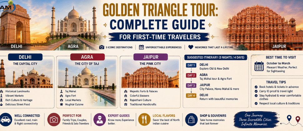 Golden Triangle Tour featuring Delhi, Agra, and Jaipur landmarks.