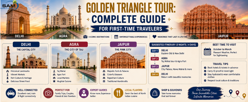 Golden Triangle Tour featuring Delhi, Agra, and Jaipur landmarks.