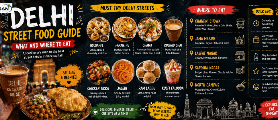 Delhi street food guide featuring Gol Gappe, Chaat, Kebabs, and Chole Bhature.