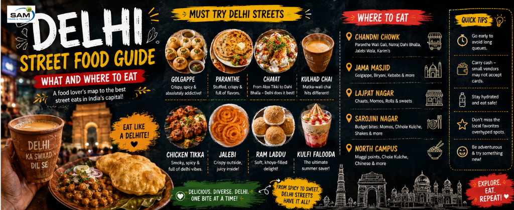 Delhi street food guide featuring Gol Gappe, Chaat, Kebabs, and Chole Bhature.